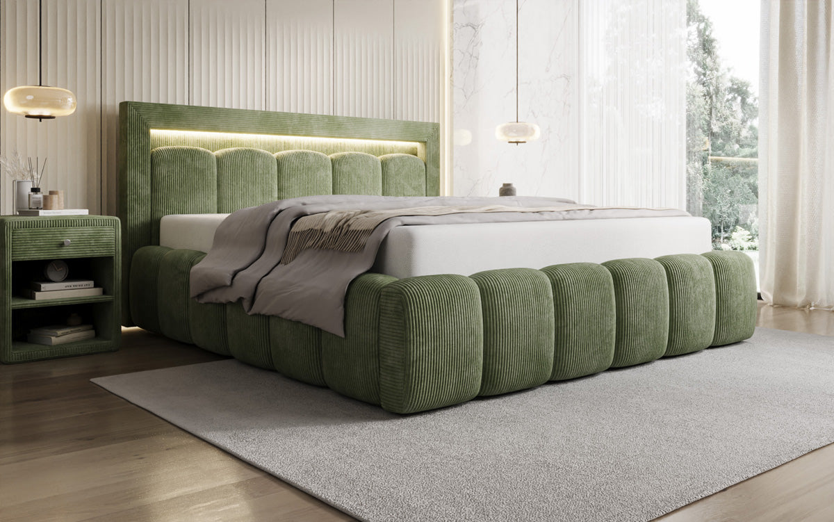 Designer upholstered bed Lume in Corduroy with storage space and RGB lighting