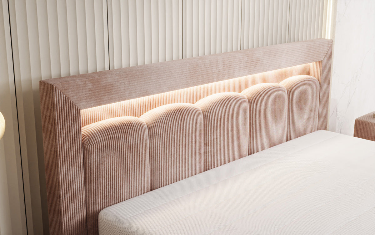 Designer upholstered bed Lume in Corduroy with storage space and RGB lighting