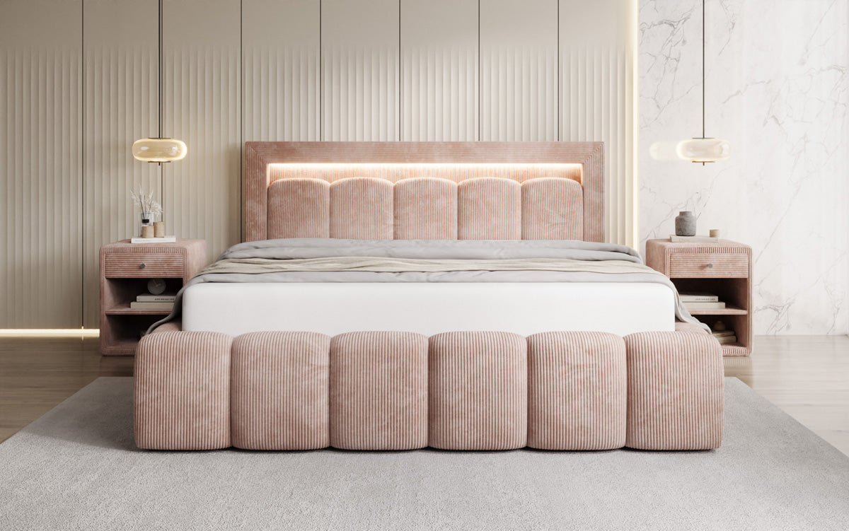 Designer upholstered bed Lume in Corduroy with storage space and RGB lighting