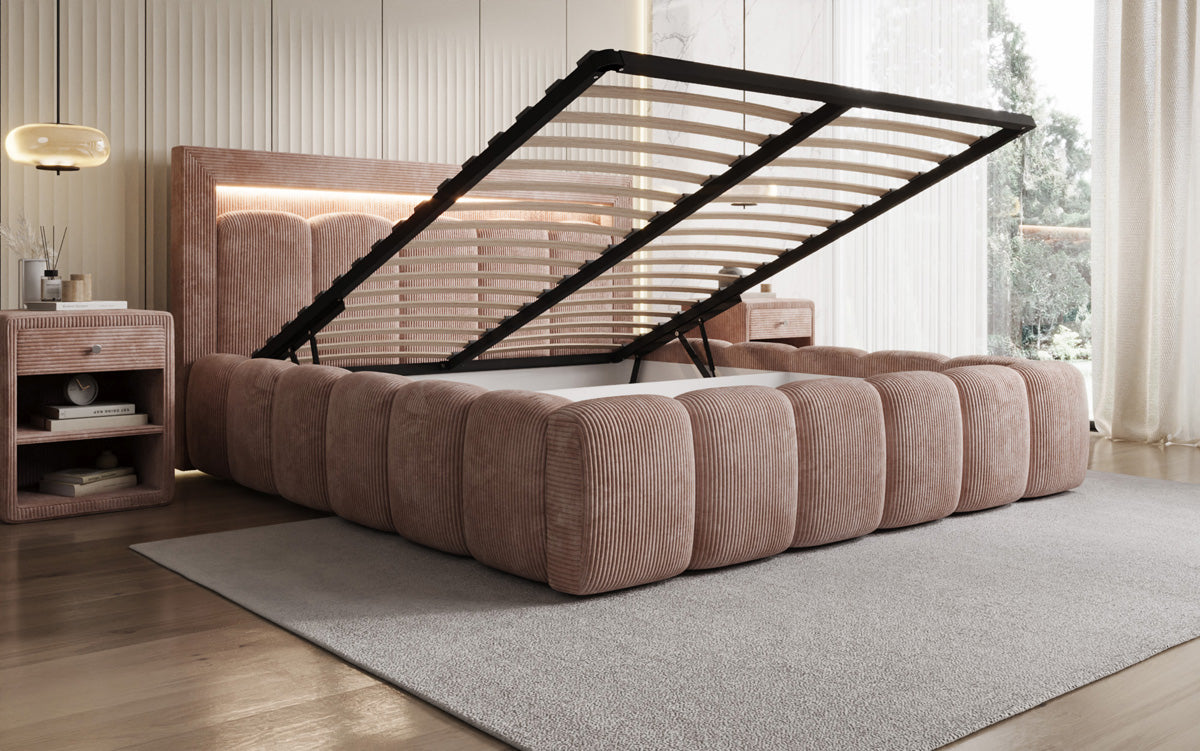 Designer upholstered bed Lume in Corduroy with storage space and RGB lighting