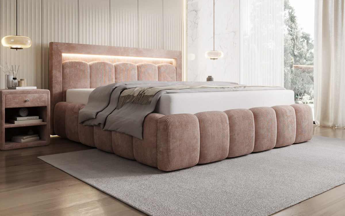 Designer upholstered bed Lume in Corduroy with storage space and RGB lighting