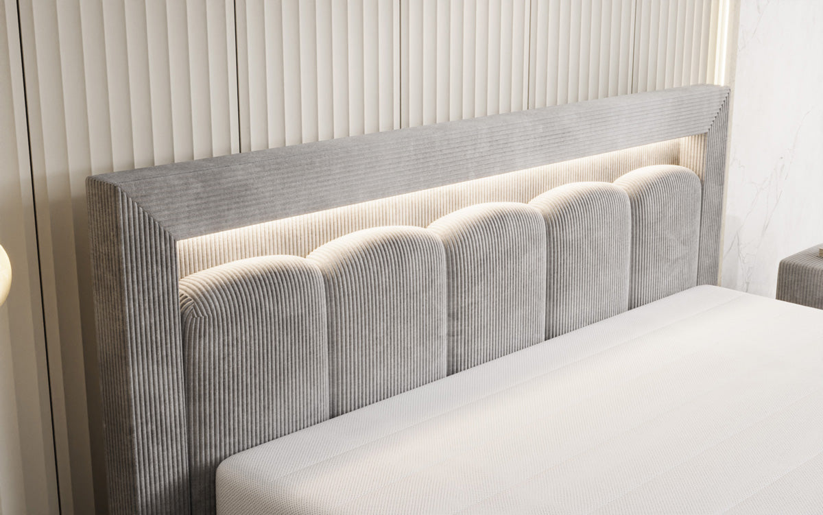 Designer upholstered bed Lume in Corduroy with storage space and RGB lighting