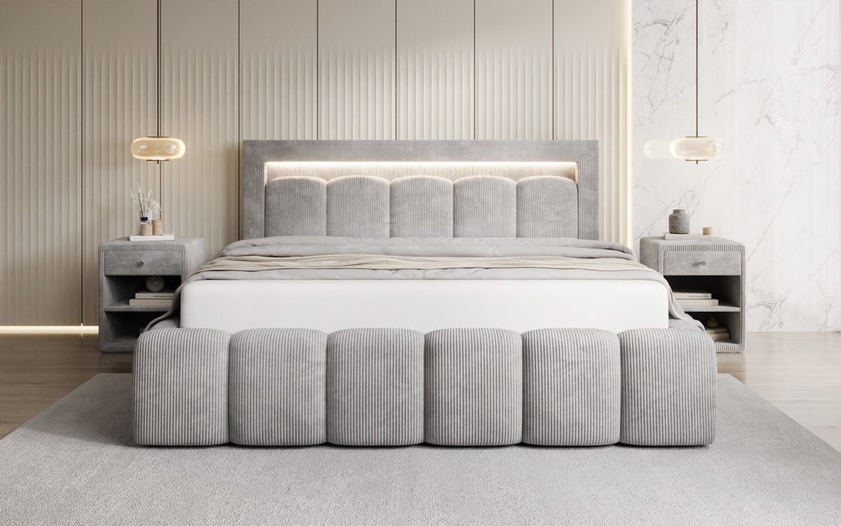 Designer upholstered bed Lume in Corduroy with storage space and RGB lighting
