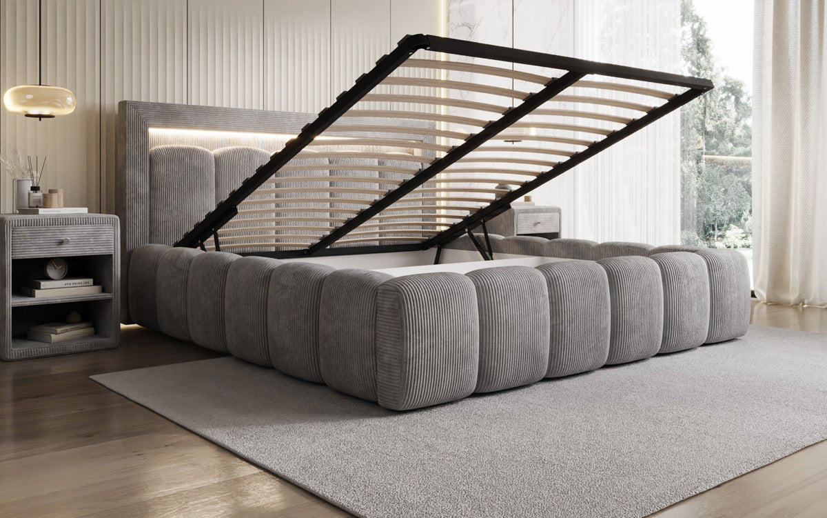 Designer upholstered bed Lume in Corduroy with storage space and RGB lighting