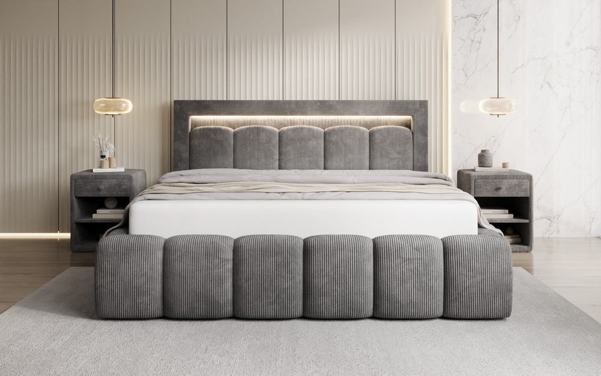 Designer upholstered bed Lume in Corduroy with storage space and RGB lighting