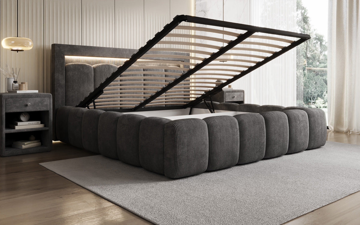 Designer upholstered bed Lume in Corduroy with storage space and RGB lighting