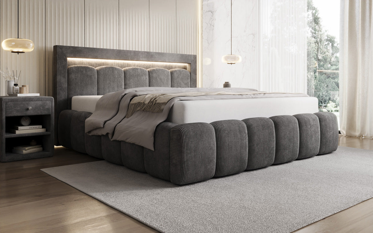 Designer upholstered bed Lume in Corduroy with storage space and RGB lighting