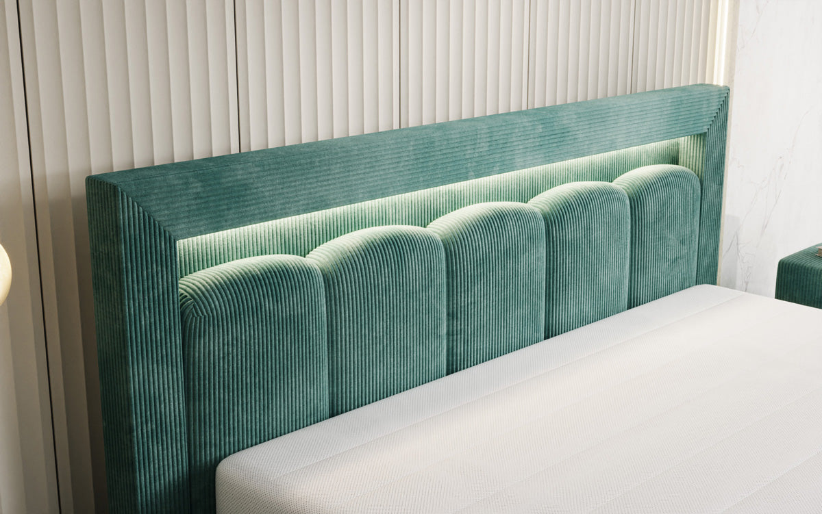 Designer upholstered bed Lume in Corduroy with storage space and RGB lighting