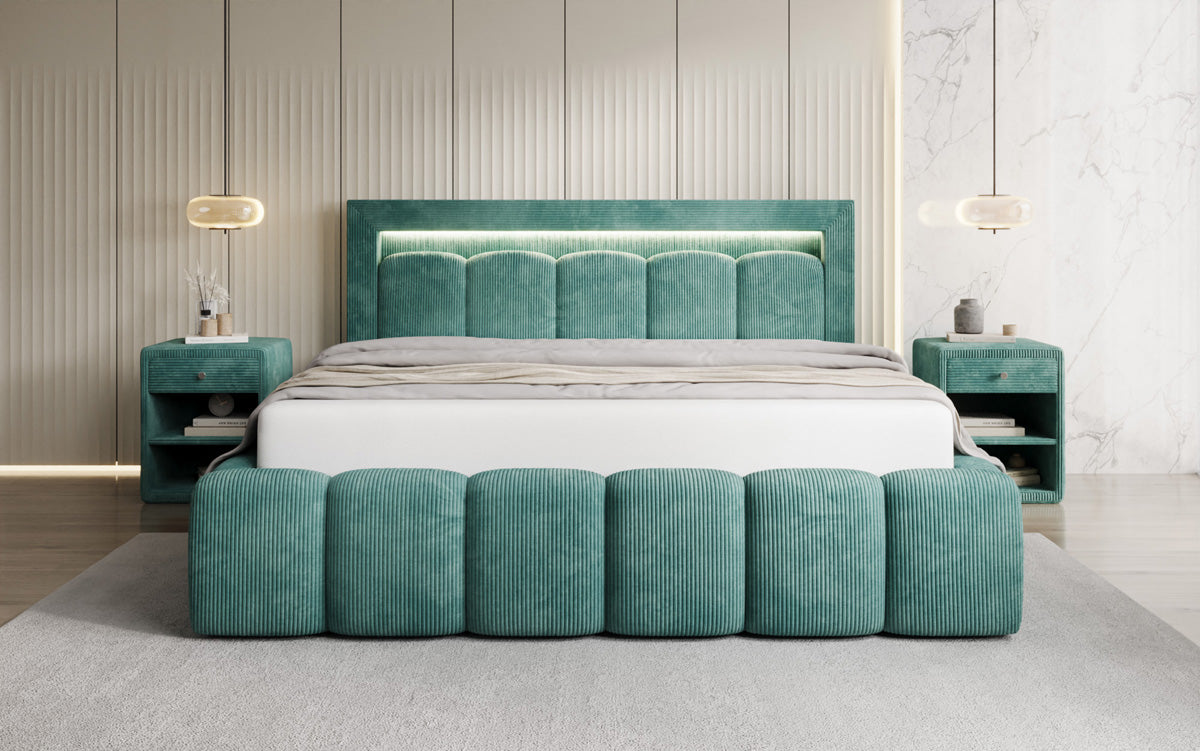 Designer upholstered bed Lume in Corduroy with storage space and RGB lighting