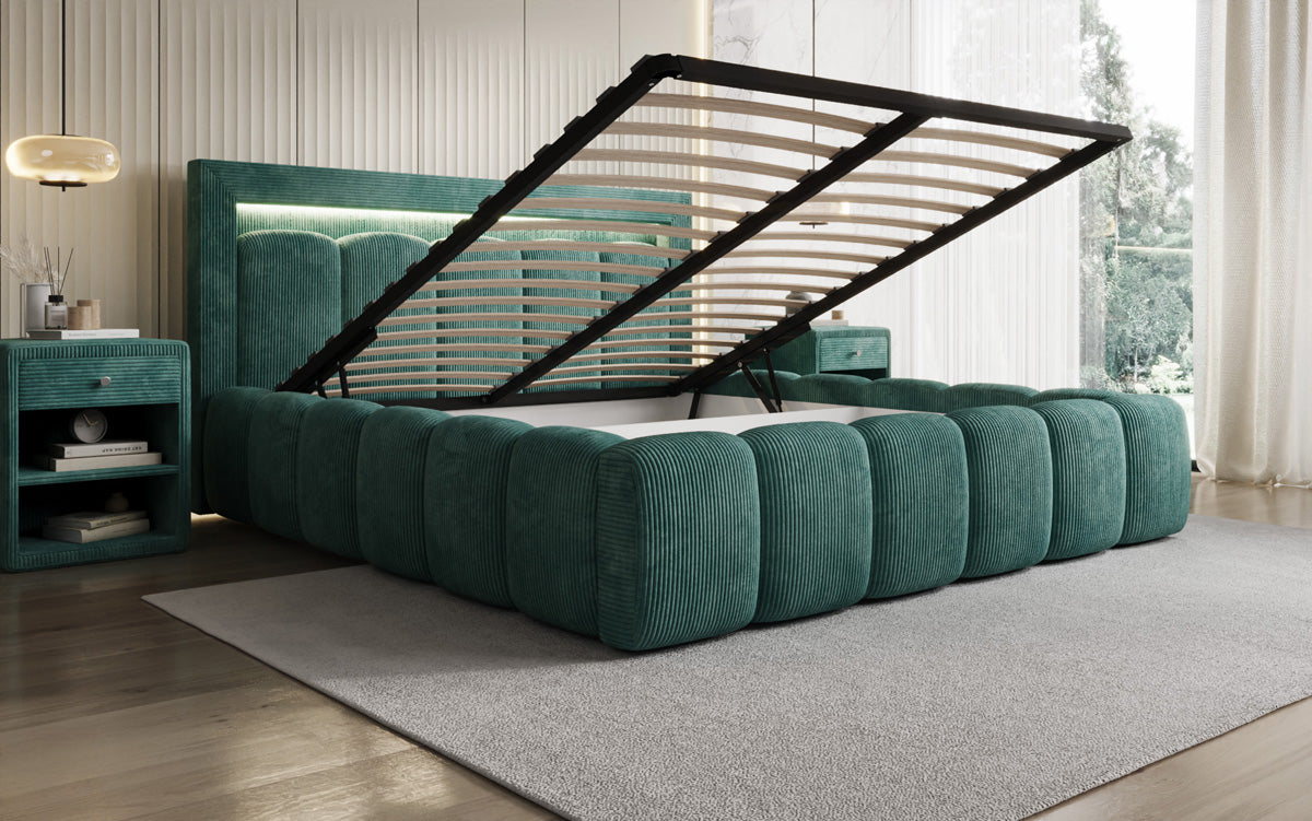 Designer upholstered bed Lume in Corduroy with storage space and RGB lighting