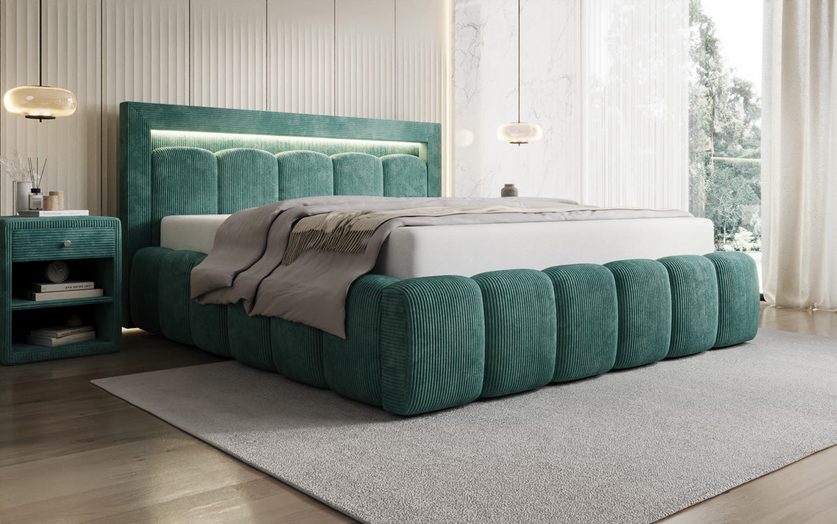 Designer upholstered bed Lume in Corduroy with storage space and RGB lighting