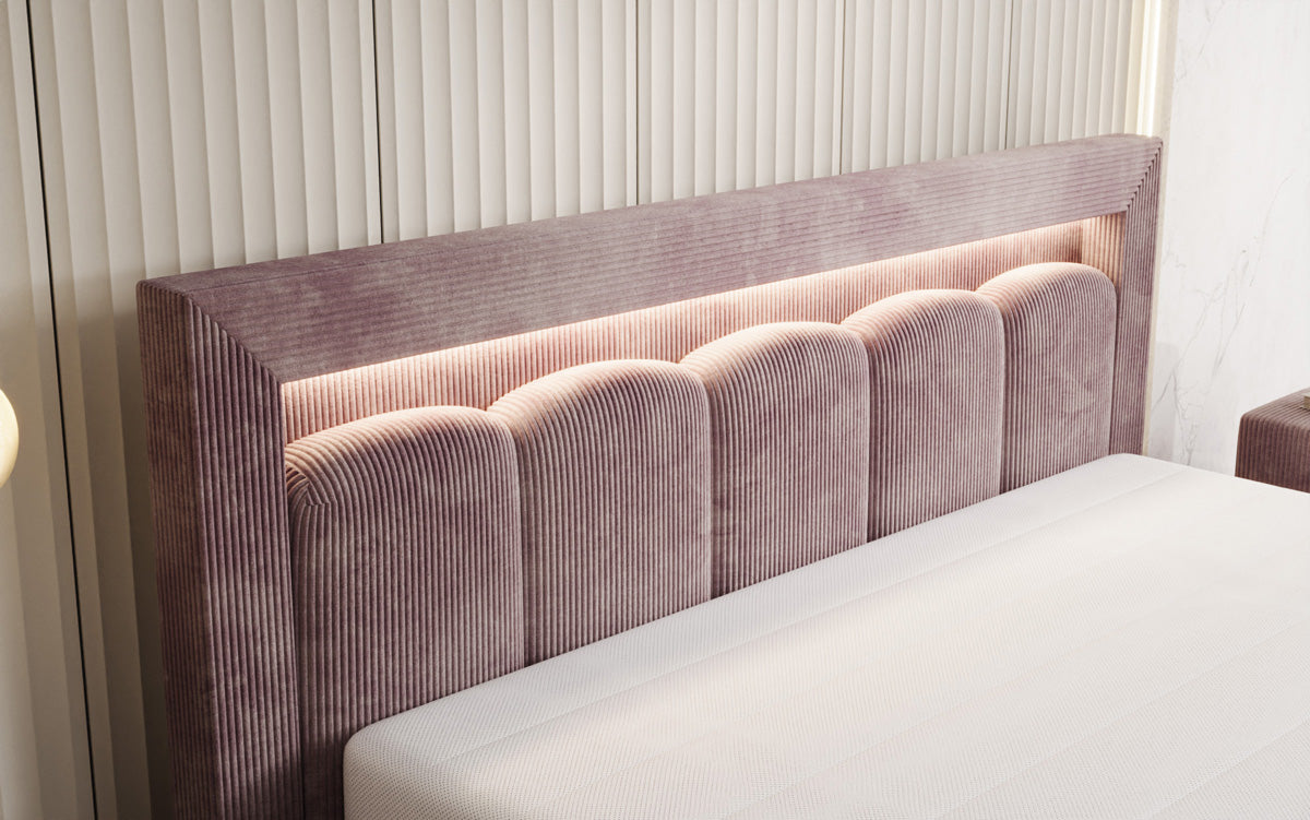 Designer upholstered bed Lume in Corduroy with storage space and RGB lighting