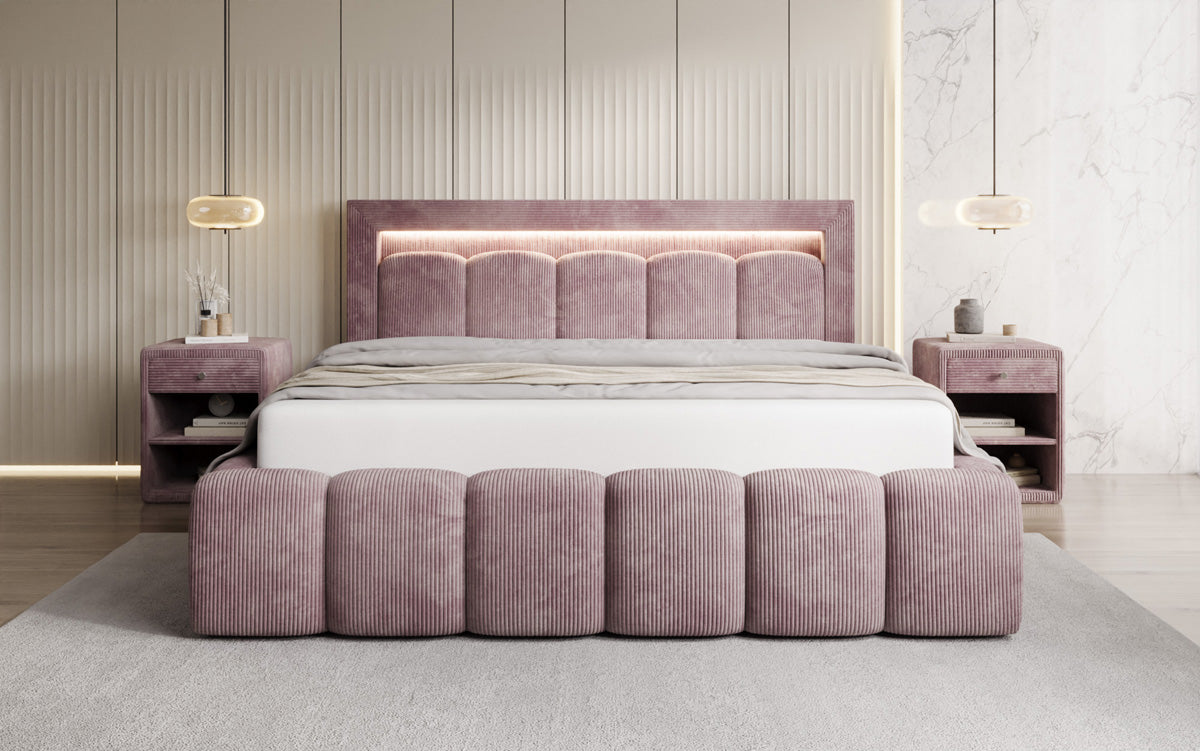Designer upholstered bed Lume in Corduroy with storage space and RGB lighting