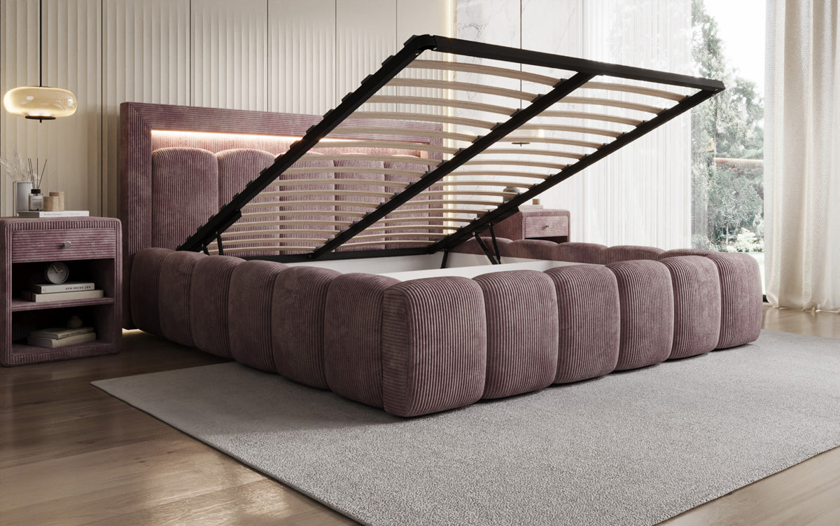 Designer upholstered bed Lume in Corduroy with storage space and RGB lighting