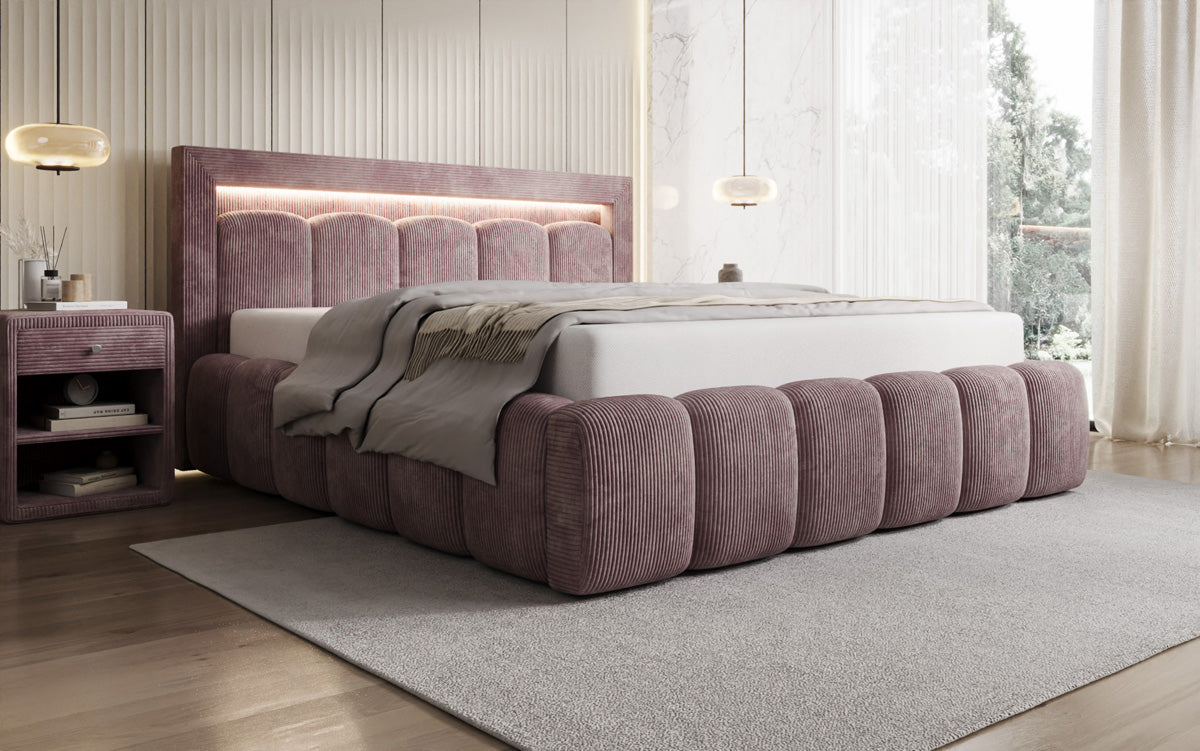 Designer upholstered bed Lume in Corduroy with storage space and RGB lighting