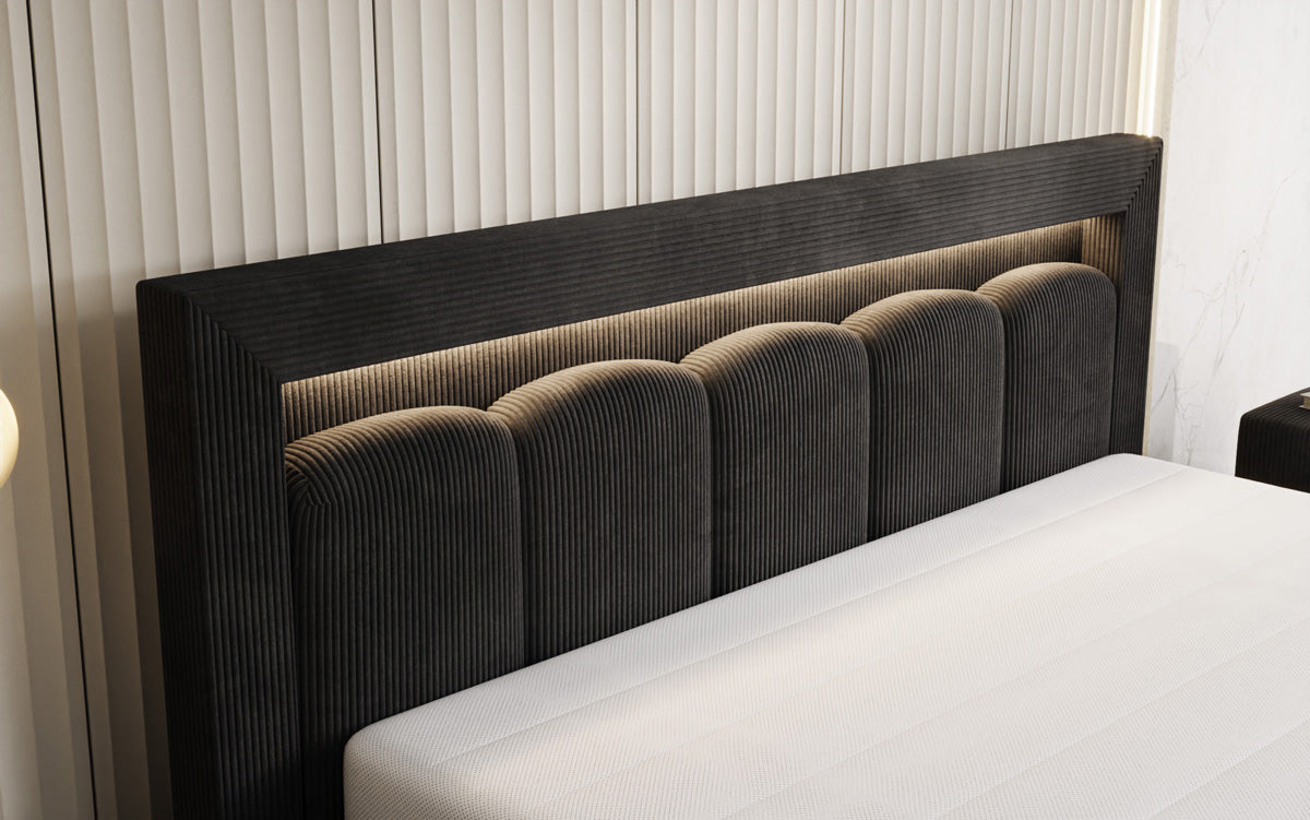 Designer upholstered bed Lume in Corduroy with storage space and RGB lighting