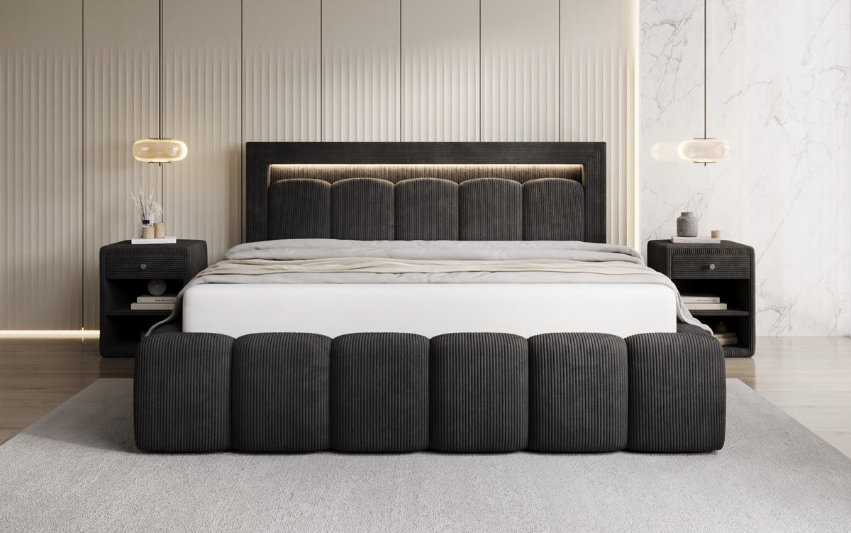 Designer upholstered bed Lume in Corduroy with storage space and RGB lighting