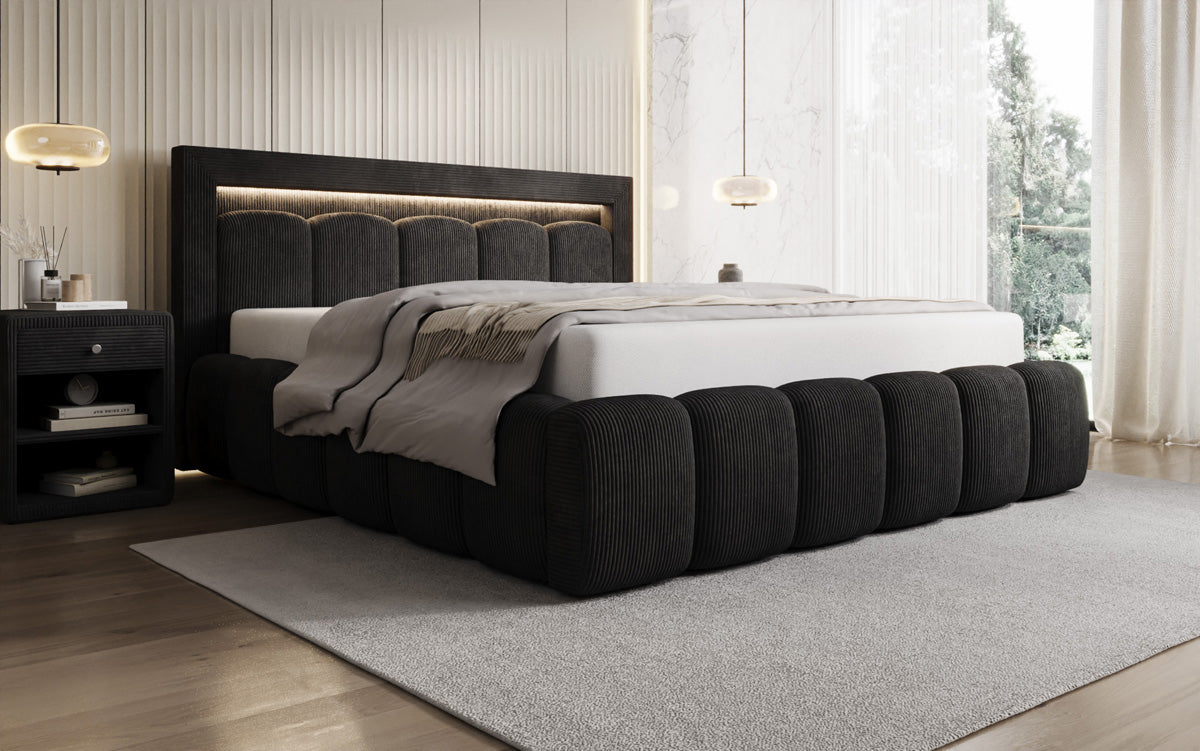 Designer upholstered bed Lume in Corduroy with storage space and RGB lighting