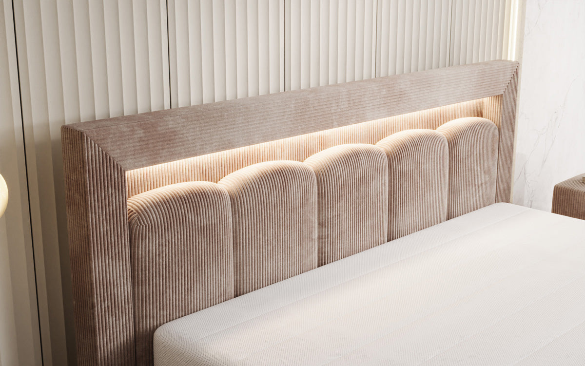 Designer upholstered bed Lume in Corduroy with storage space and RGB lighting