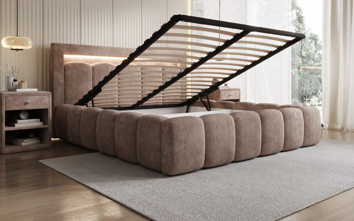 Designer upholstered bed Lume in Corduroy with storage space and RGB lighting
