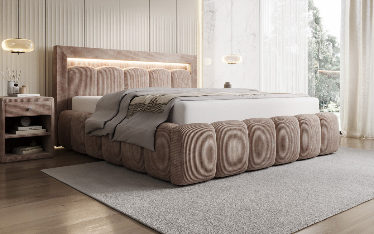 Designer upholstered bed Lume in Corduroy with storage space and RGB lighting