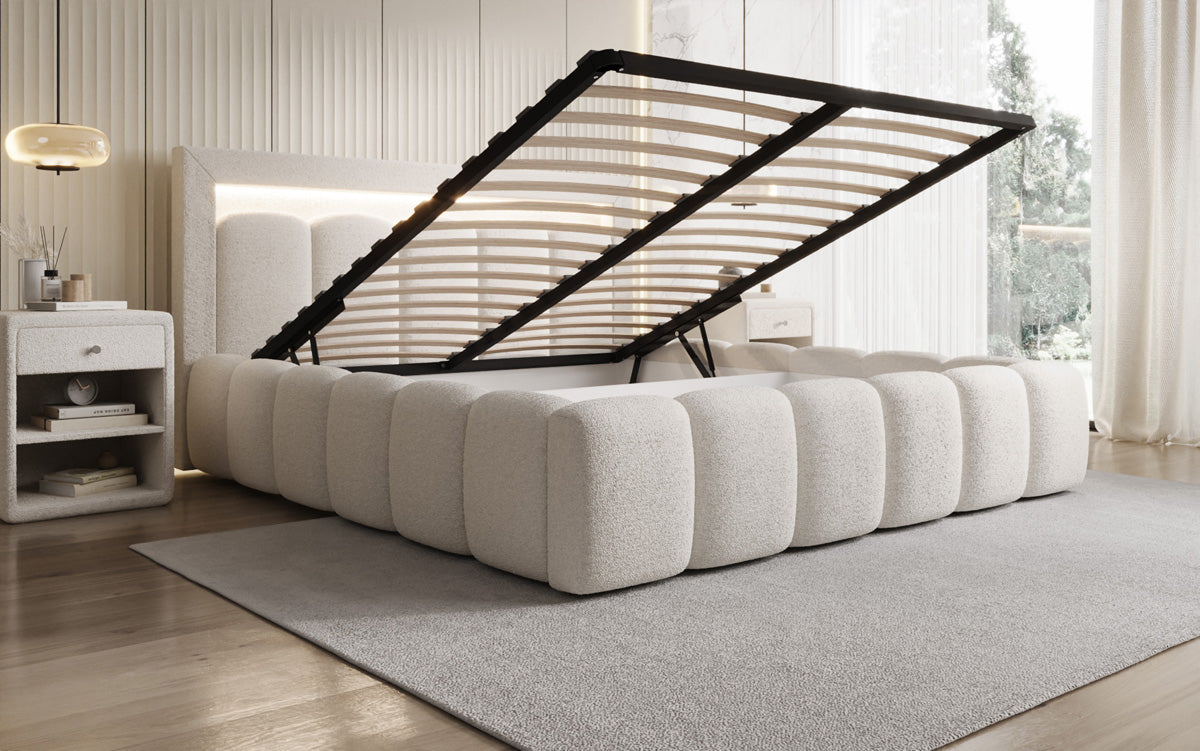 Designer Polsterbett Lume in Teddy Bouclé mit Stauraum und RGB Beleuchtung