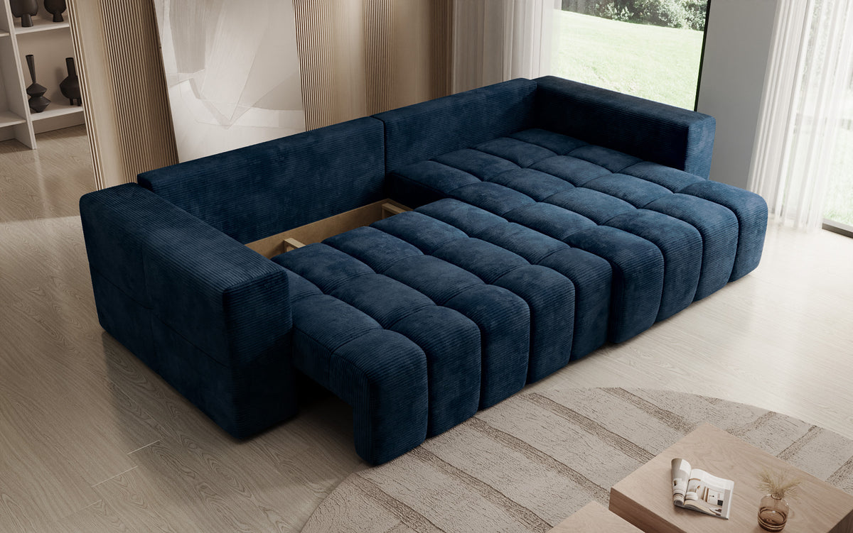 Designer corner sofa Momo with sleeping and folding function in Corduroy