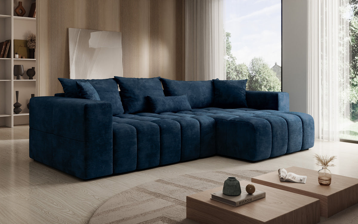 Designer corner sofa Momo with sleeping and folding function in Corduroy