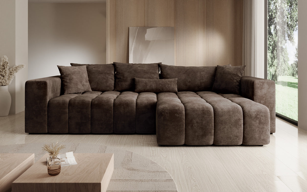 Designer corner sofa Momo with sleeping and folding function in Corduroy