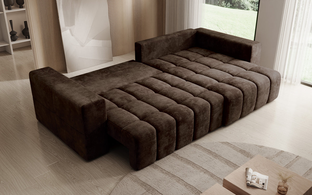 Designer corner sofa Momo with sleeping and folding function in Corduroy