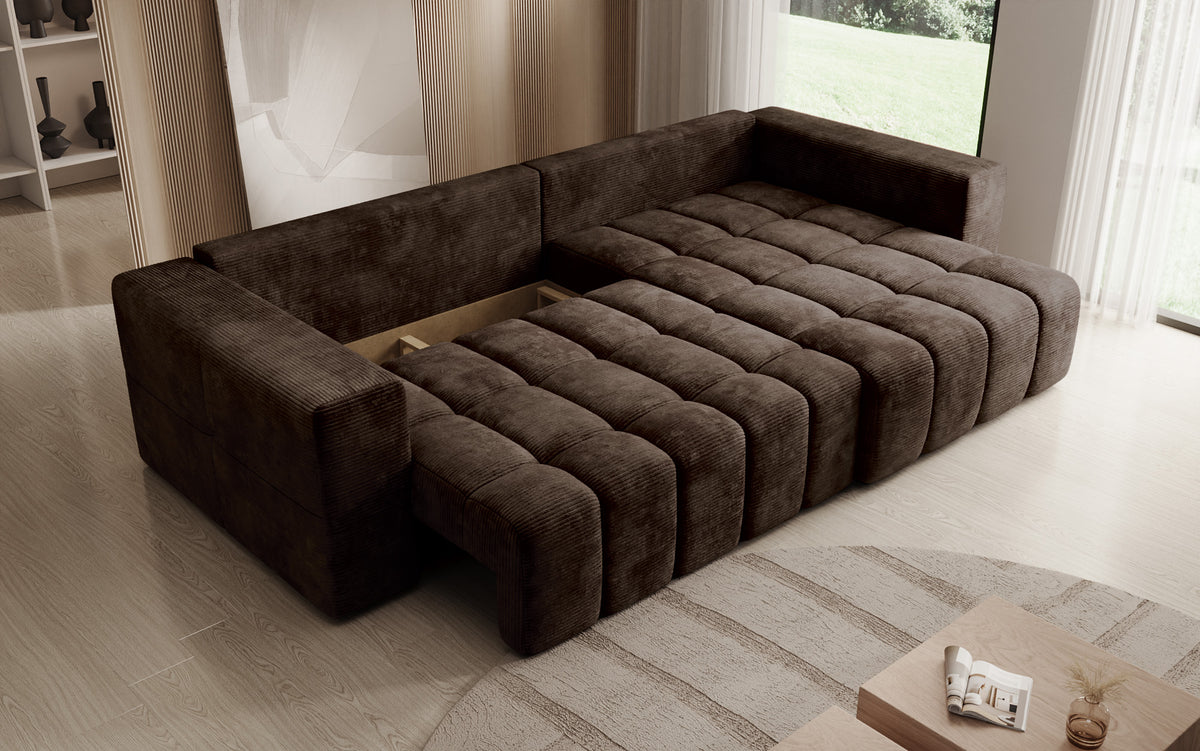 Designer corner sofa Momo with sleeping and folding function in Corduroy