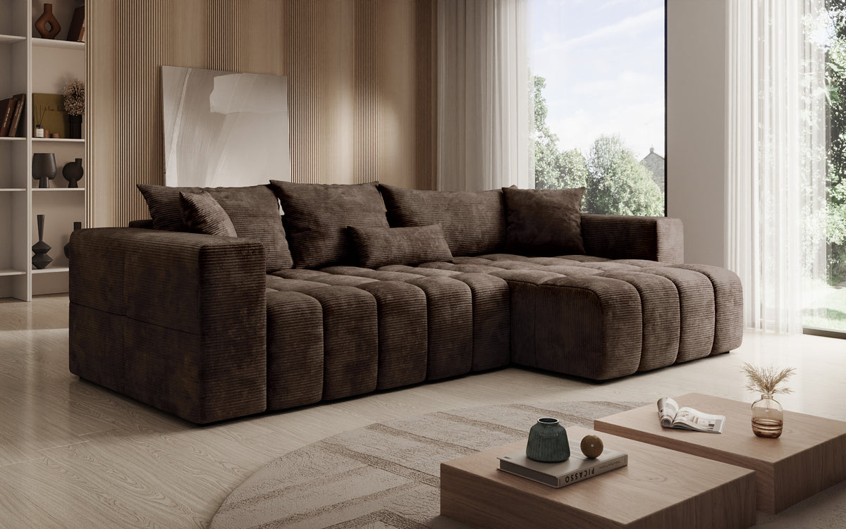 Designer corner sofa Momo with sleeping and folding function in Corduroy