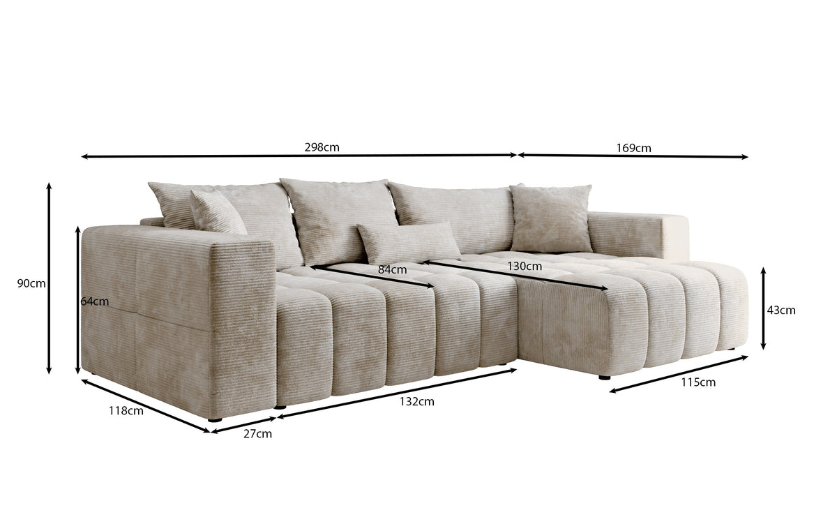 Designer corner sofa Momo with sleeping and folding function in Corduroy
