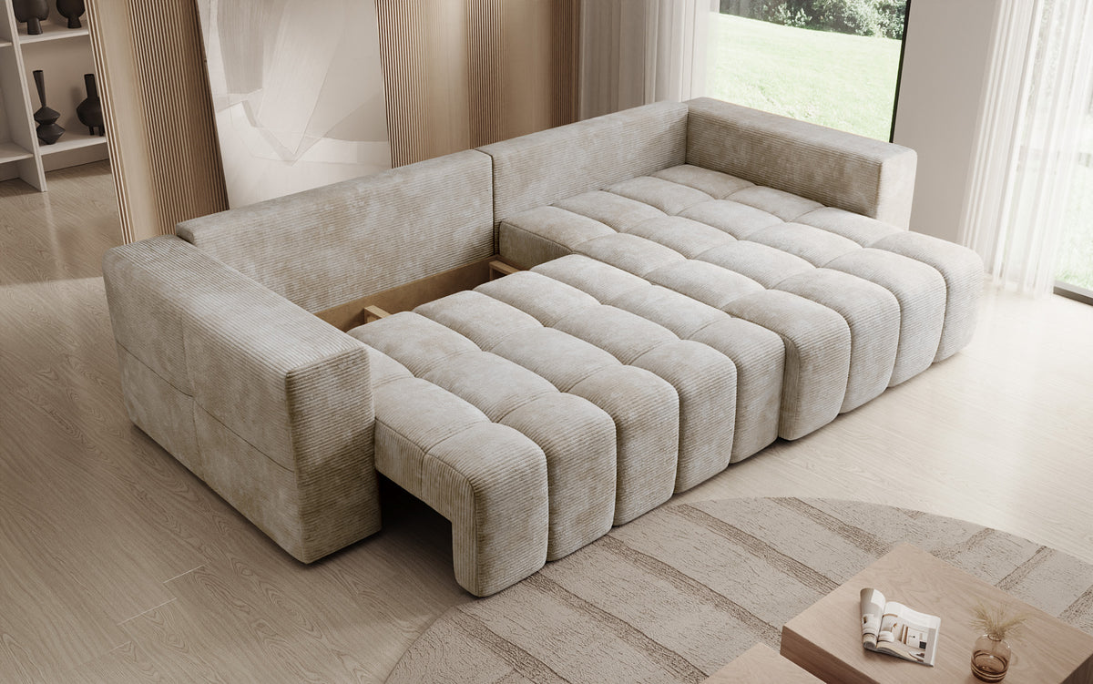Designer corner sofa Momo with sleeping and folding function in Corduroy