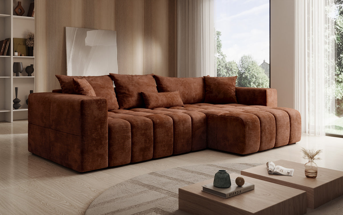 Designer corner sofa Momo with sleeping and folding function in Corduroy