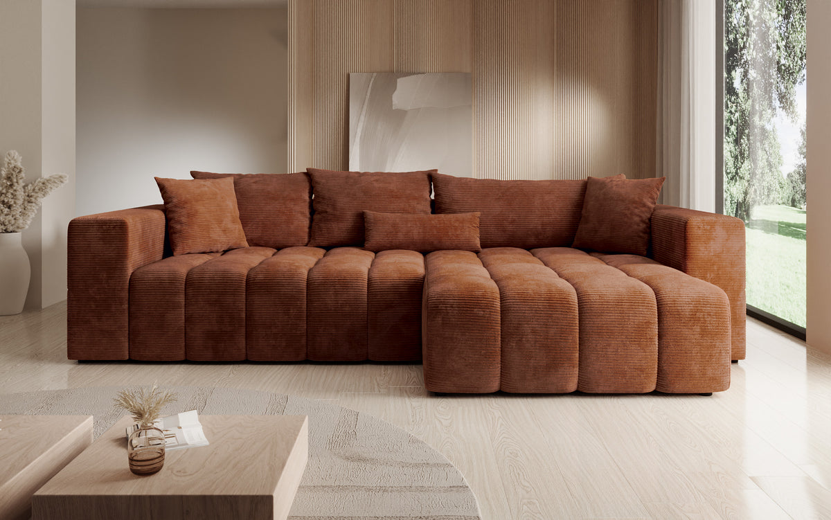 Designer corner sofa Momo with sleeping and folding function in Corduroy