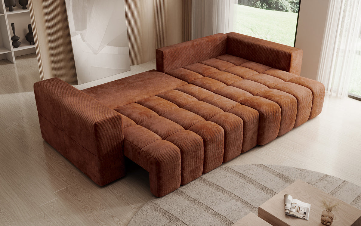 Designer corner sofa Momo with sleeping and folding function in Corduroy