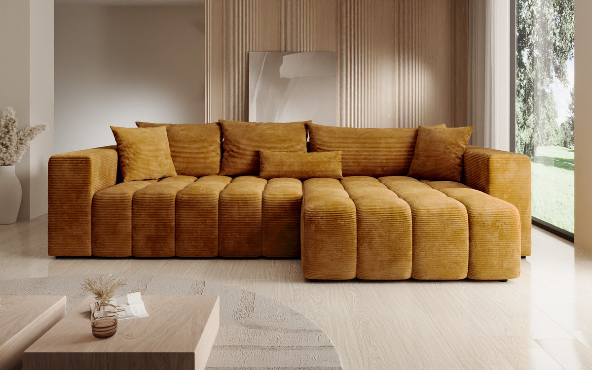 Designer corner sofa Momo with sleeping and folding function in Corduroy