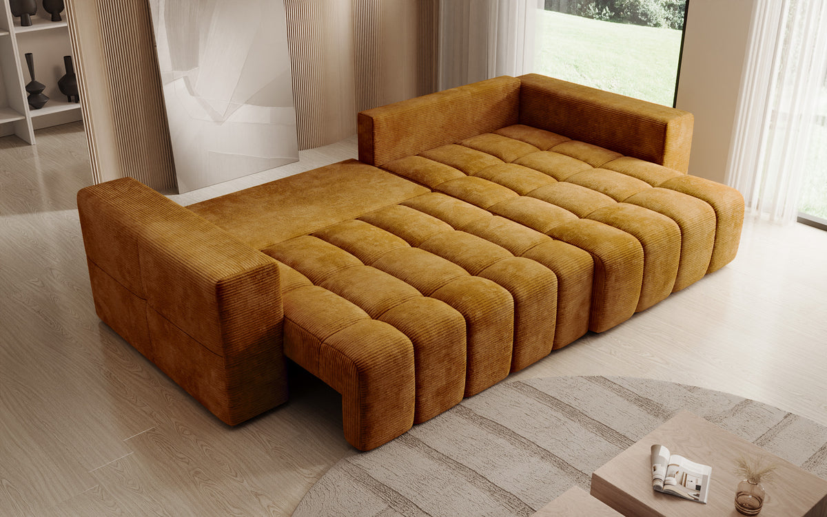 Designer corner sofa Momo with sleeping and folding function in Corduroy