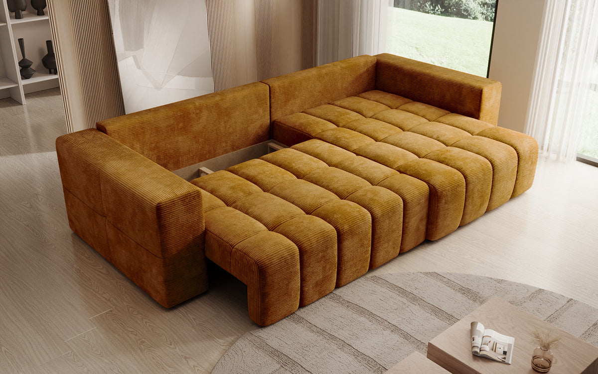 Designer corner sofa Momo with sleeping and folding function in Corduroy