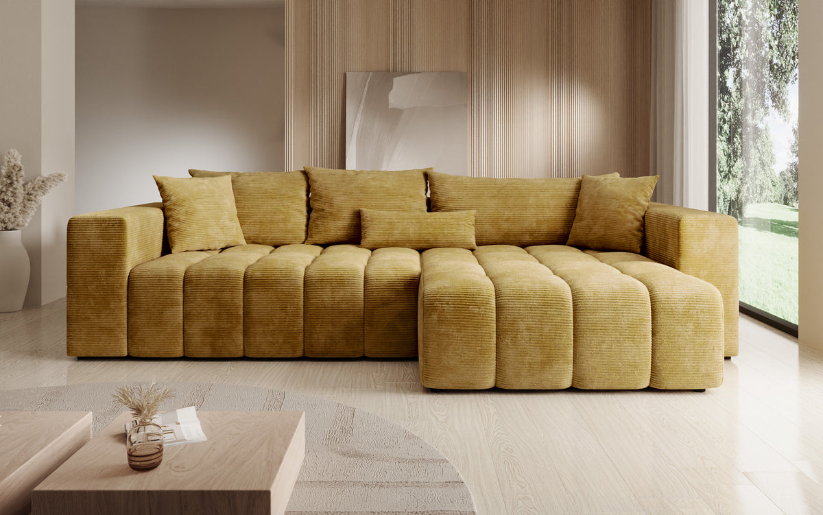 Designer corner sofa Momo with sleeping and folding function in Corduroy