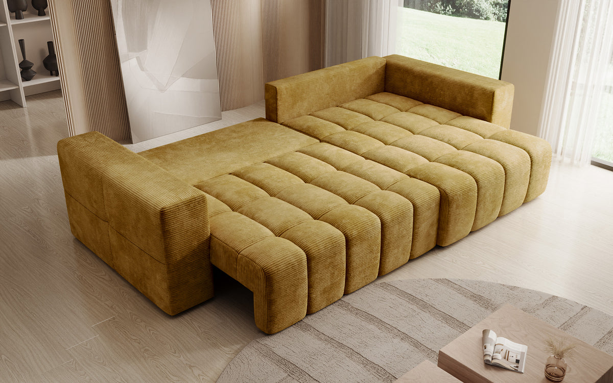 Designer corner sofa Momo with sleeping and folding function in Corduroy