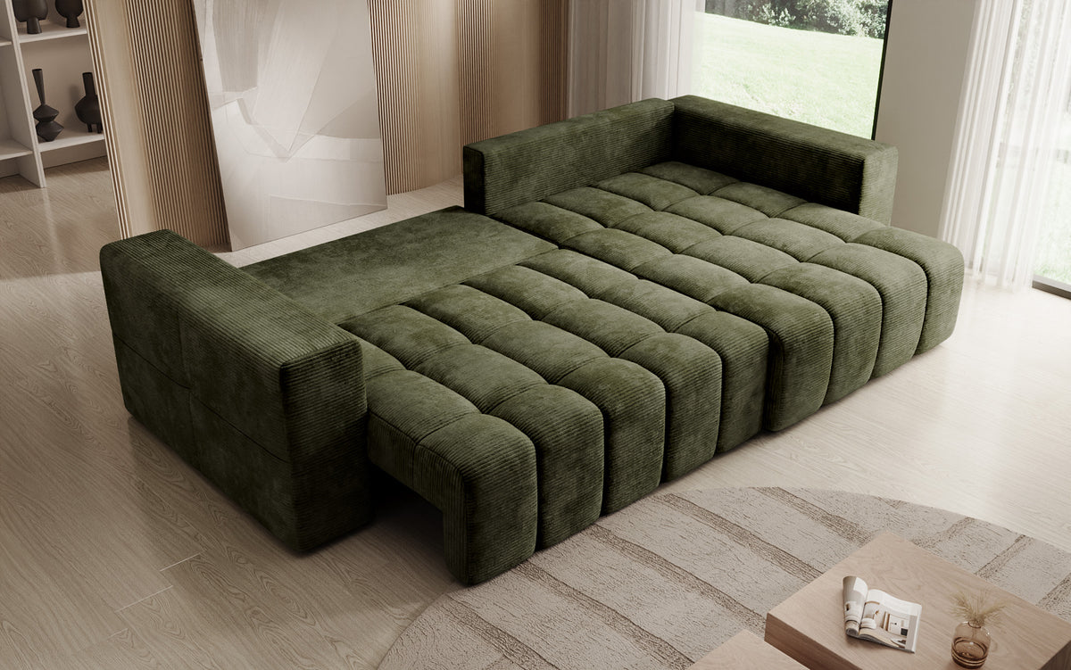 Designer corner sofa Momo with sleeping and folding function in Corduroy