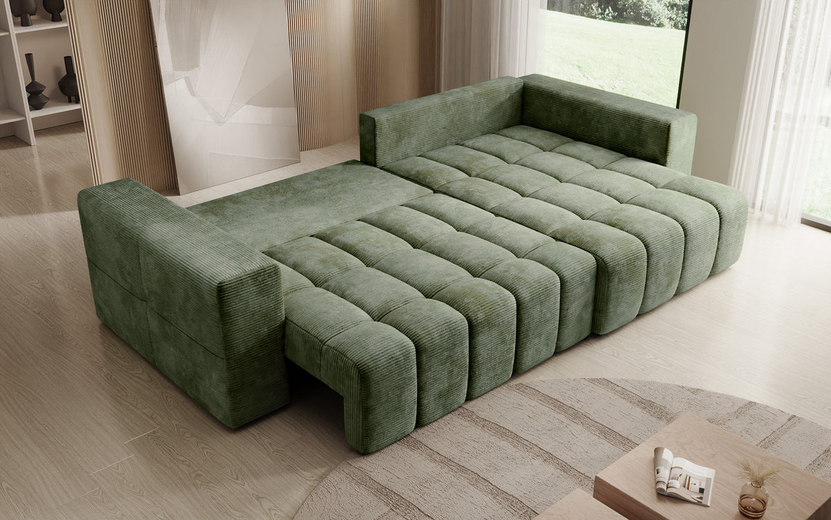 Designer corner sofa Momo with sleeping and folding function in Corduroy