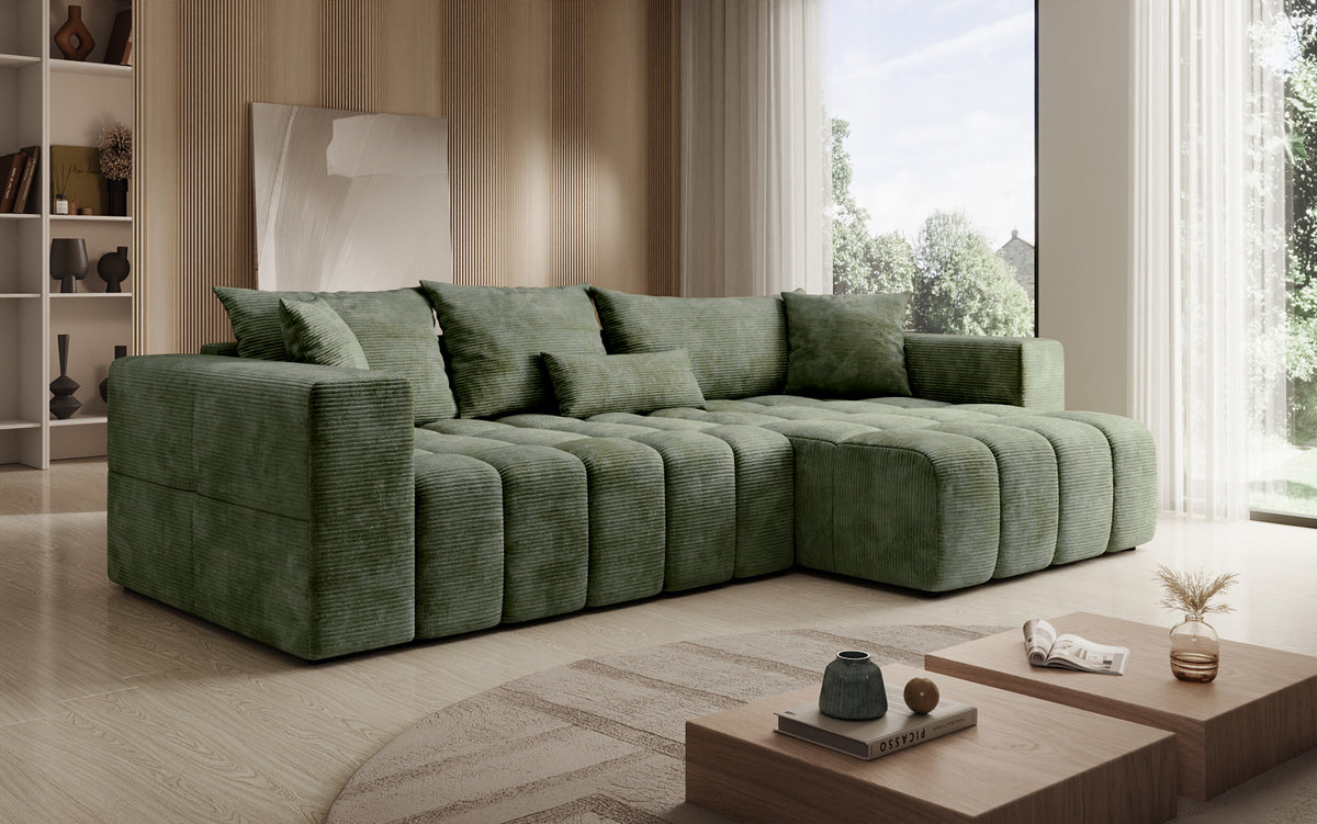 Designer corner sofa Momo with sleeping and folding function in Corduroy