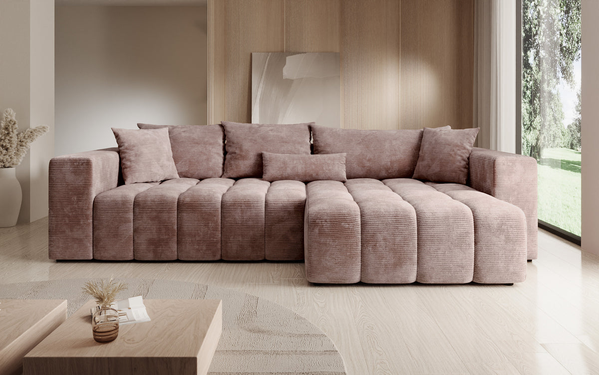 Designer corner sofa Momo with sleeping and folding function in Corduroy