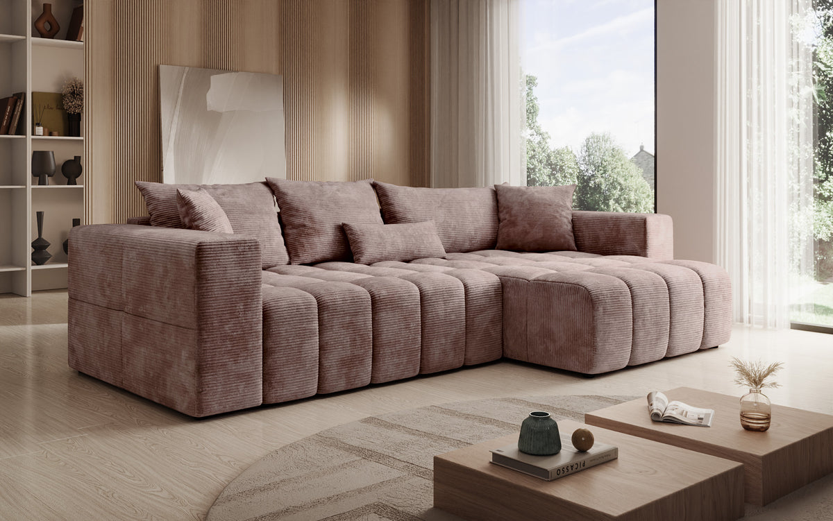 Designer corner sofa Momo with sleeping and folding function in Corduroy