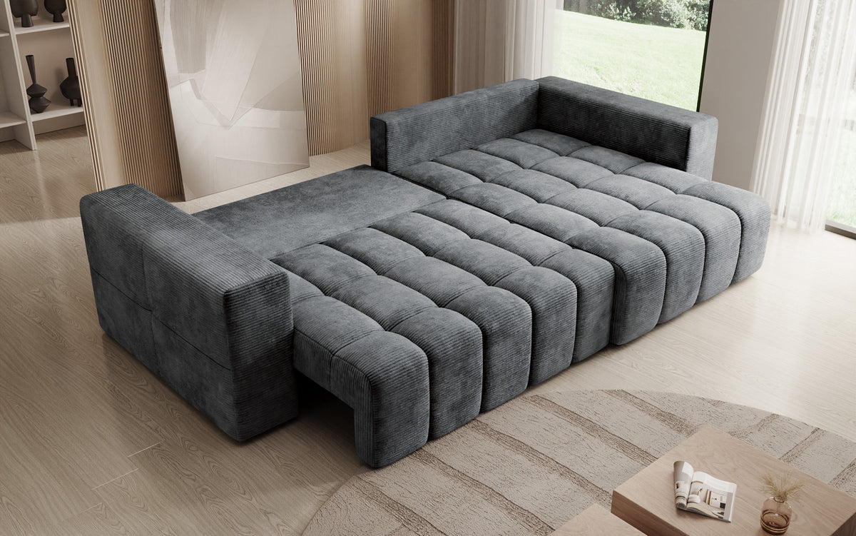 Designer corner sofa Momo with sleeping and folding function in Corduroy
