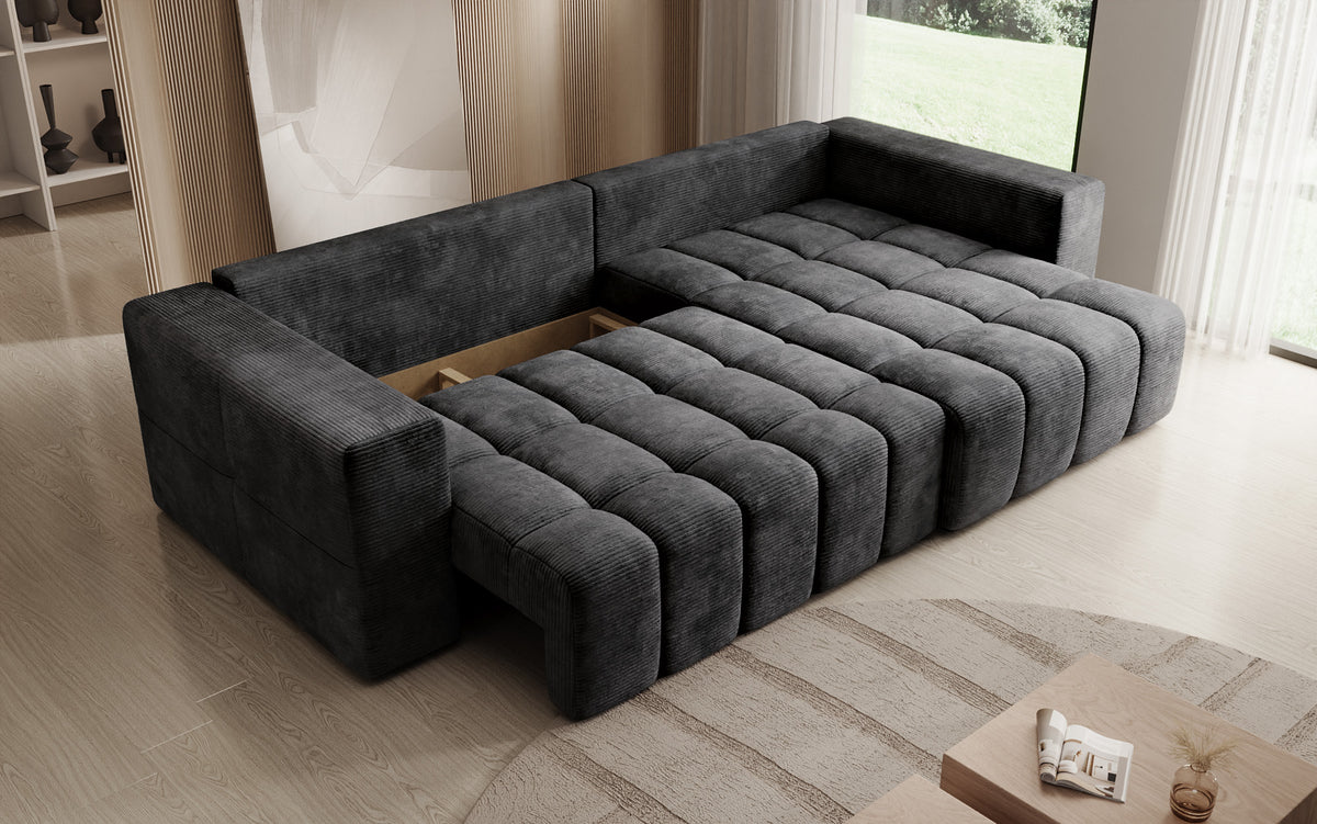 Designer corner sofa Momo with sleeping and folding function in Corduroy