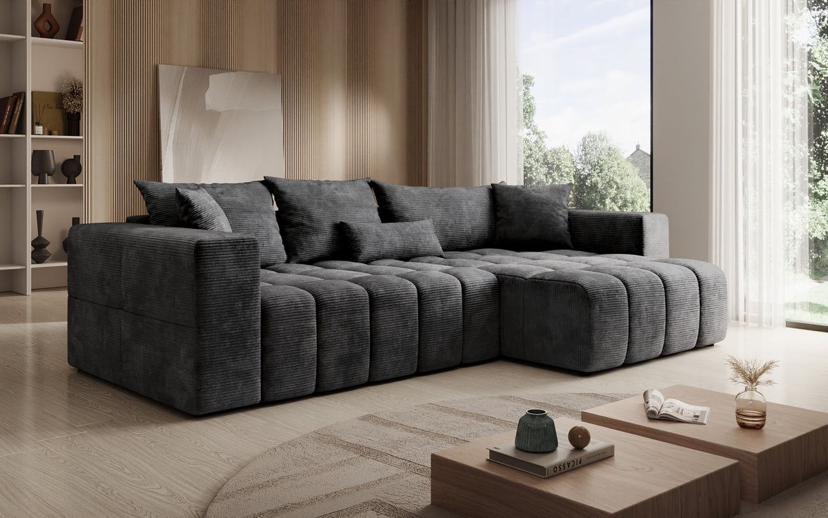 Designer corner sofa Momo with sleeping and folding function in Corduroy